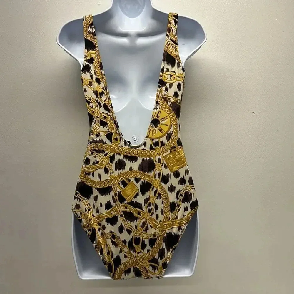 Moschino x H&M Swimsuit One Piece Bathing Suit Gold Chain Animal Black Size 8 - Picture 7 of 10